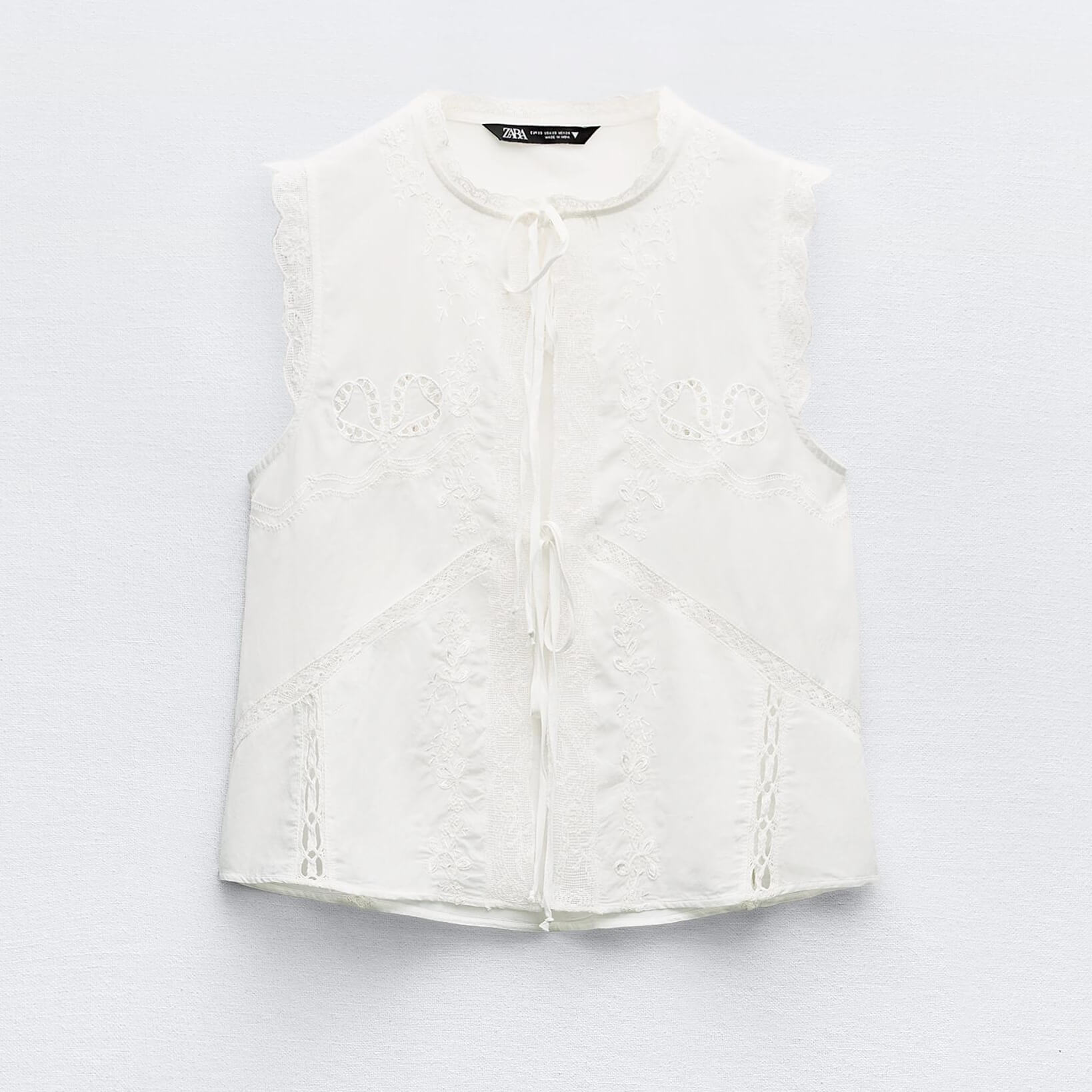 Топ Zara Embroidered With Ties, белый