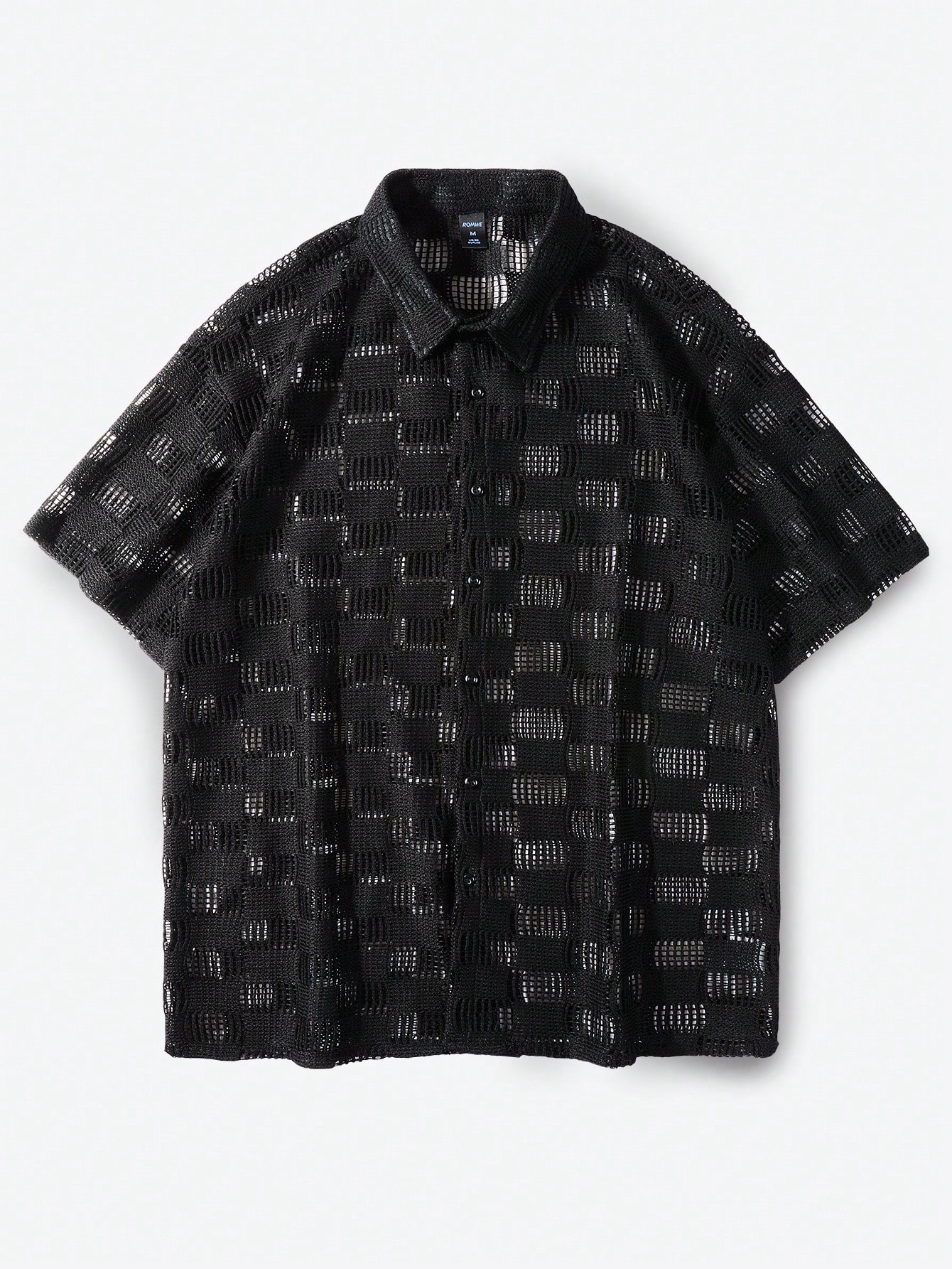 ROMWE Street Life Мужская летняя сетчатая вязаная винтажная пляжная рубашка с короткими рукавами, черный