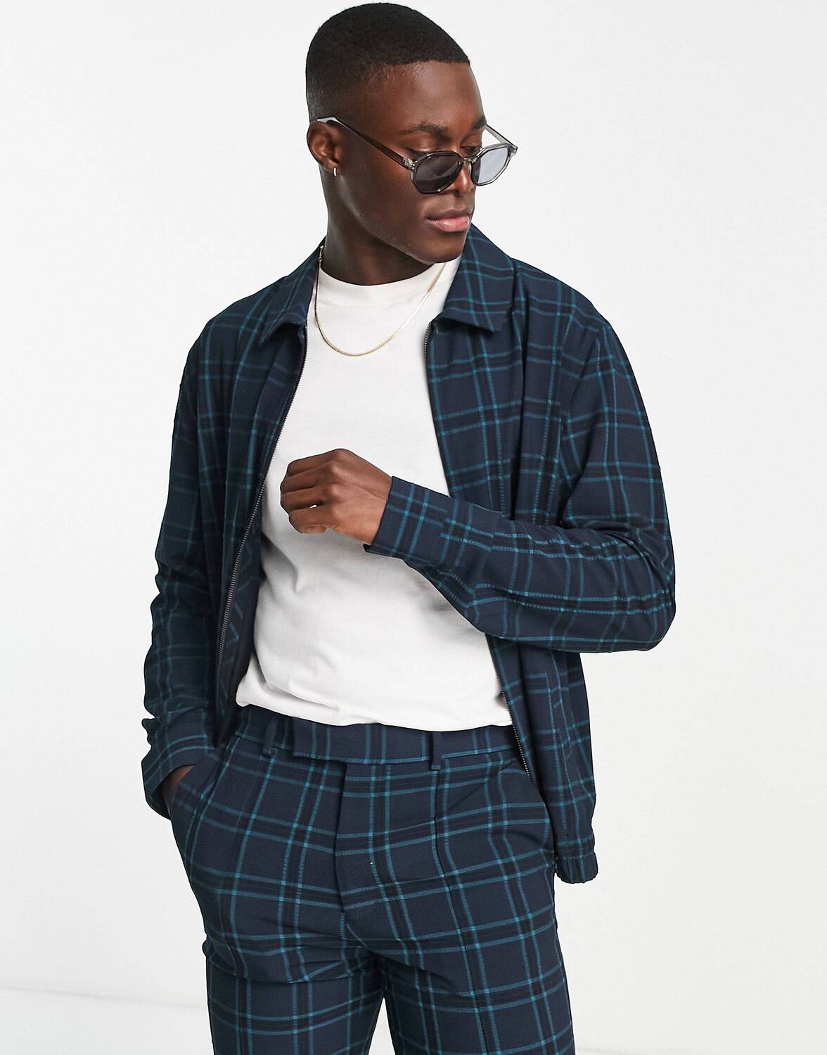 

Темно-синяя куртка харрингтон в креповую клетку ASOS DESIGN co-ord, Синий