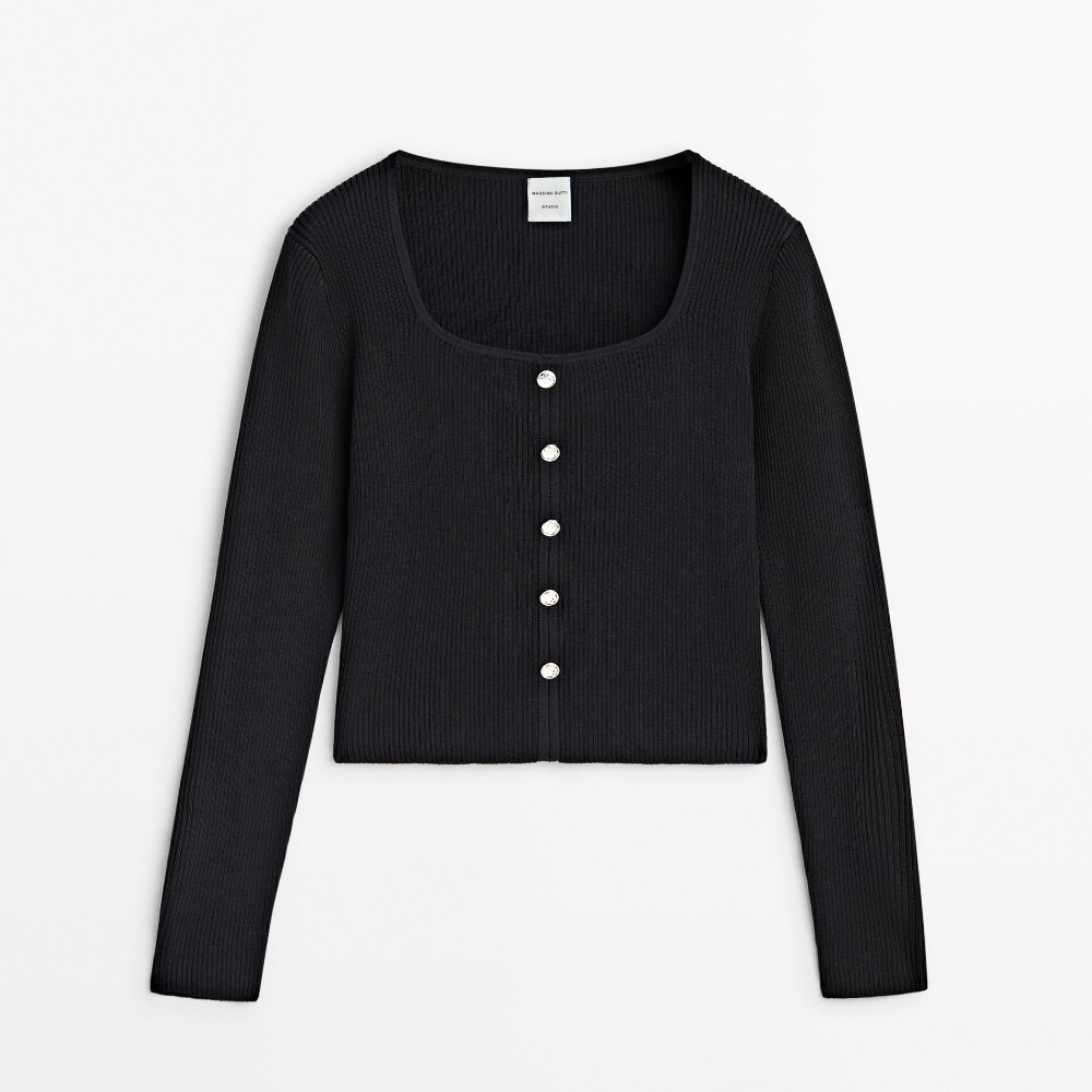 Свитер Massimo Dutti Ribbed Knit With Button Detail - Studio, черный