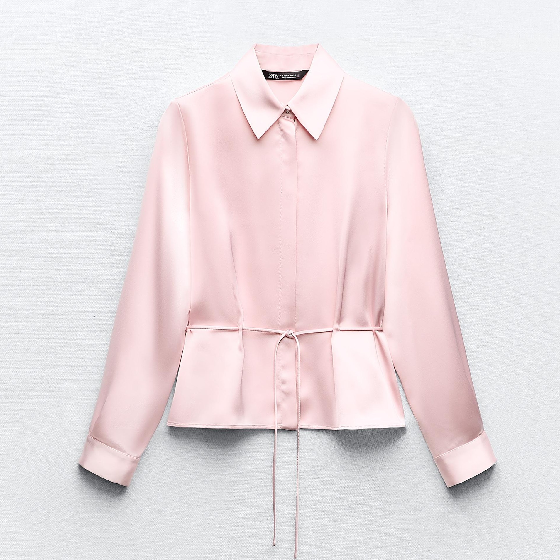 Рубашка Zara Satin With Drawstring At The Waist, розовый рубашка zara satin with topstitching жемчужно серый