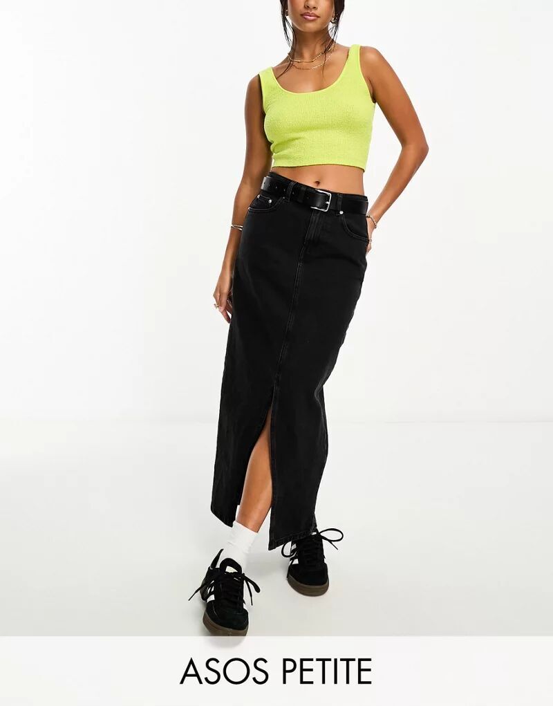 

Черная джинсовая юбка миди с разрезом по низу ASOS DESIGN Petite