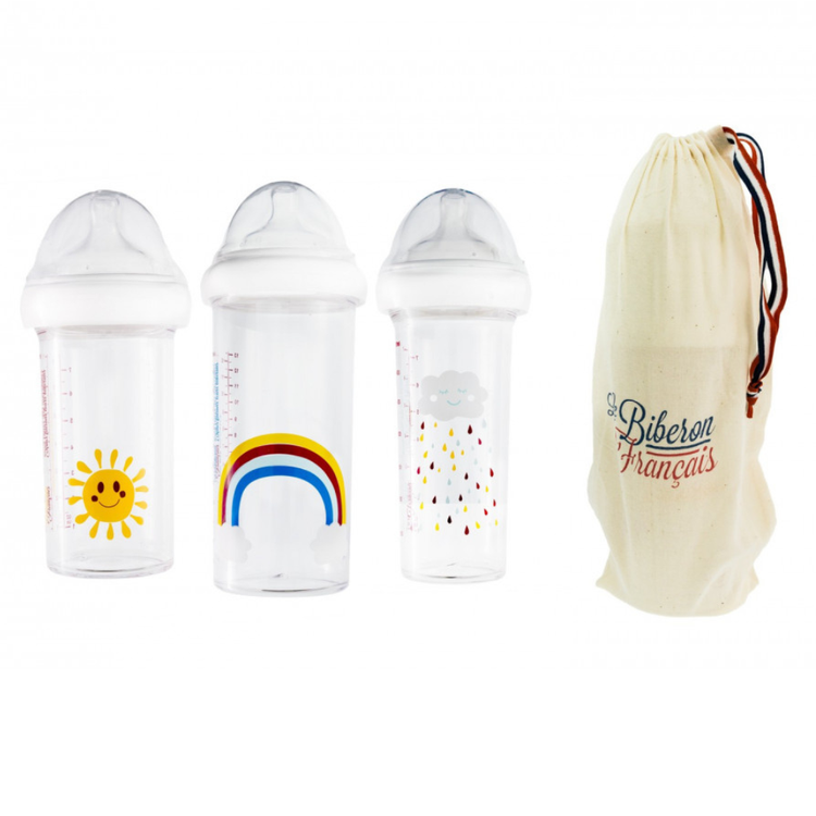 цена Le Biberon Français Tęcza комплект: бутылочка для новорожденных и грудных детей, емкость 210 мл, 2 шт + бутылочка для новорожденных и грудничков, вместимость 360 мл, 1 шт.