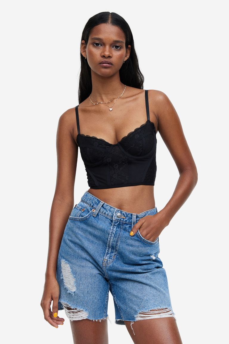 

Сетчатый топ-бюстье с кружевными деталями H&M, черный