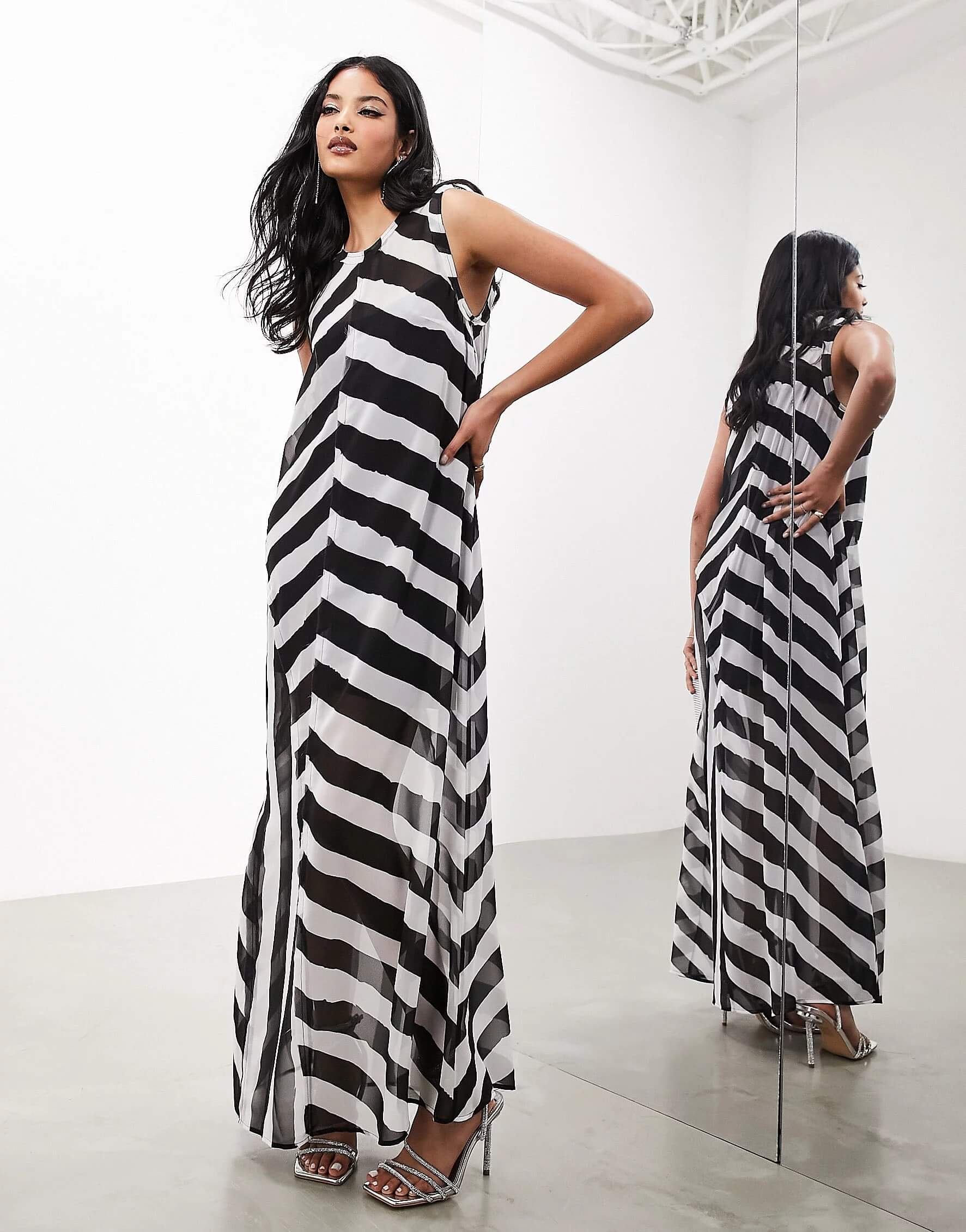 Платье-макси Asos Edition Sleeveless Sheer Monochrome Stripe, черный/белый