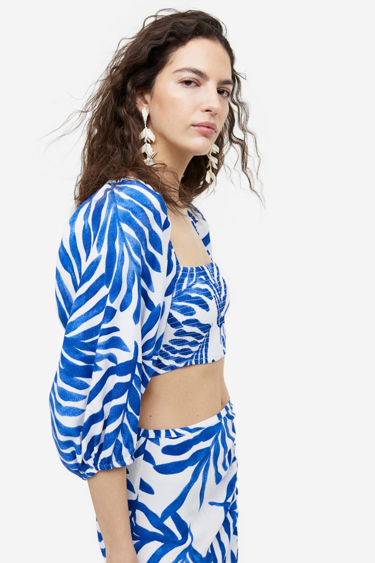 Укороченная блузка H&M, белый/синий узор