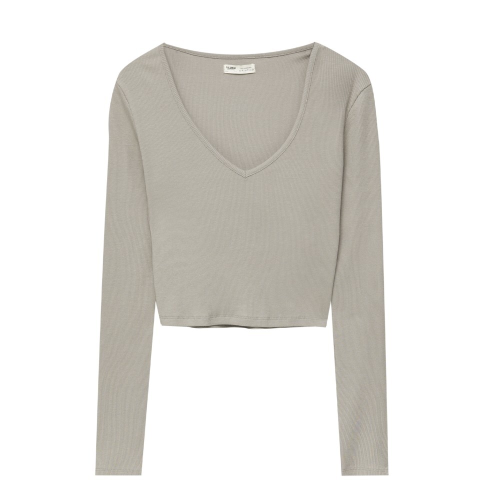 

Футболка Pull&Bear Cropped Long Sleeve V-neck, серо-зеленый