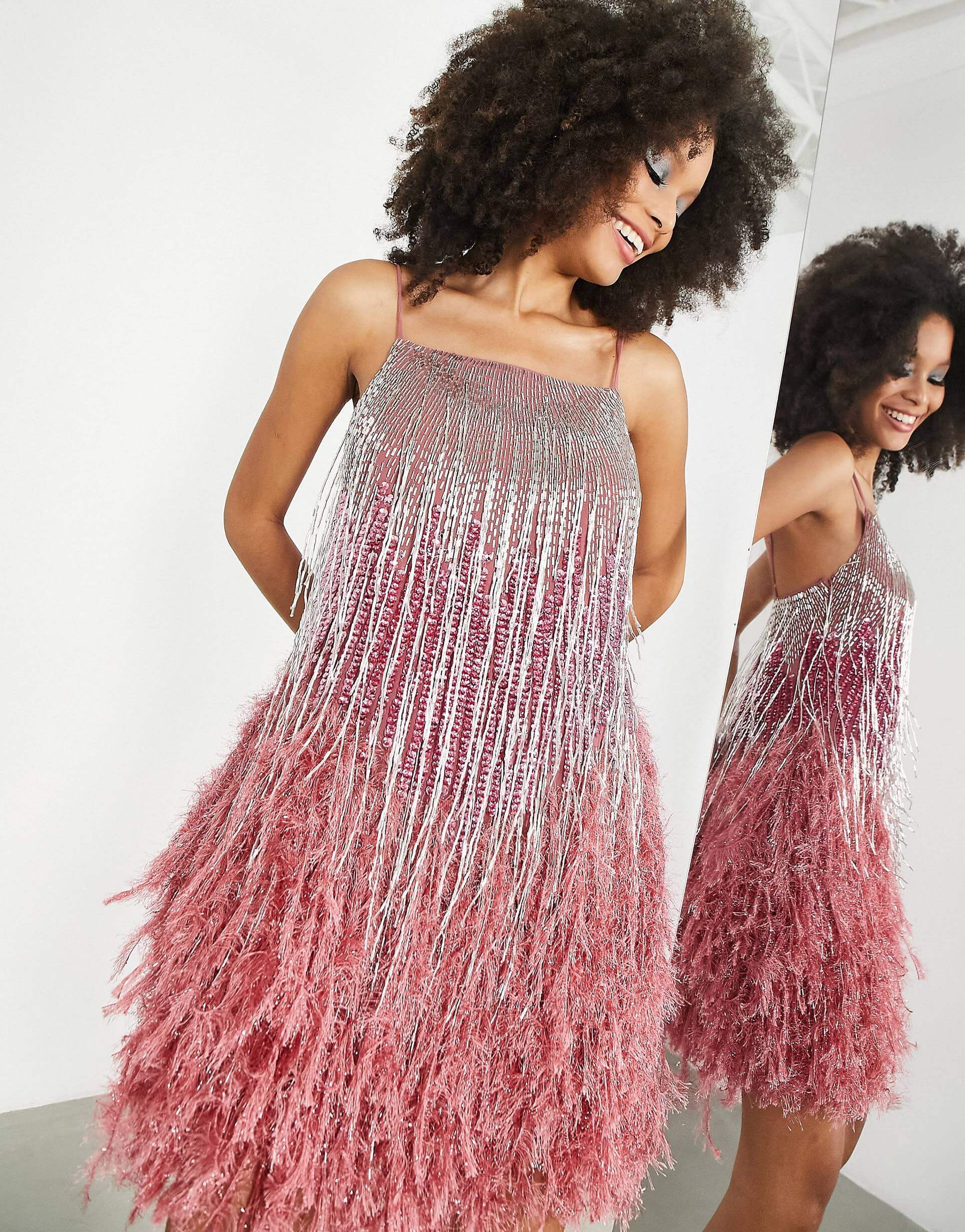 цена Платье мини Asos Edition Beaded Fringe Cami With Faux Feather Hem, розовый