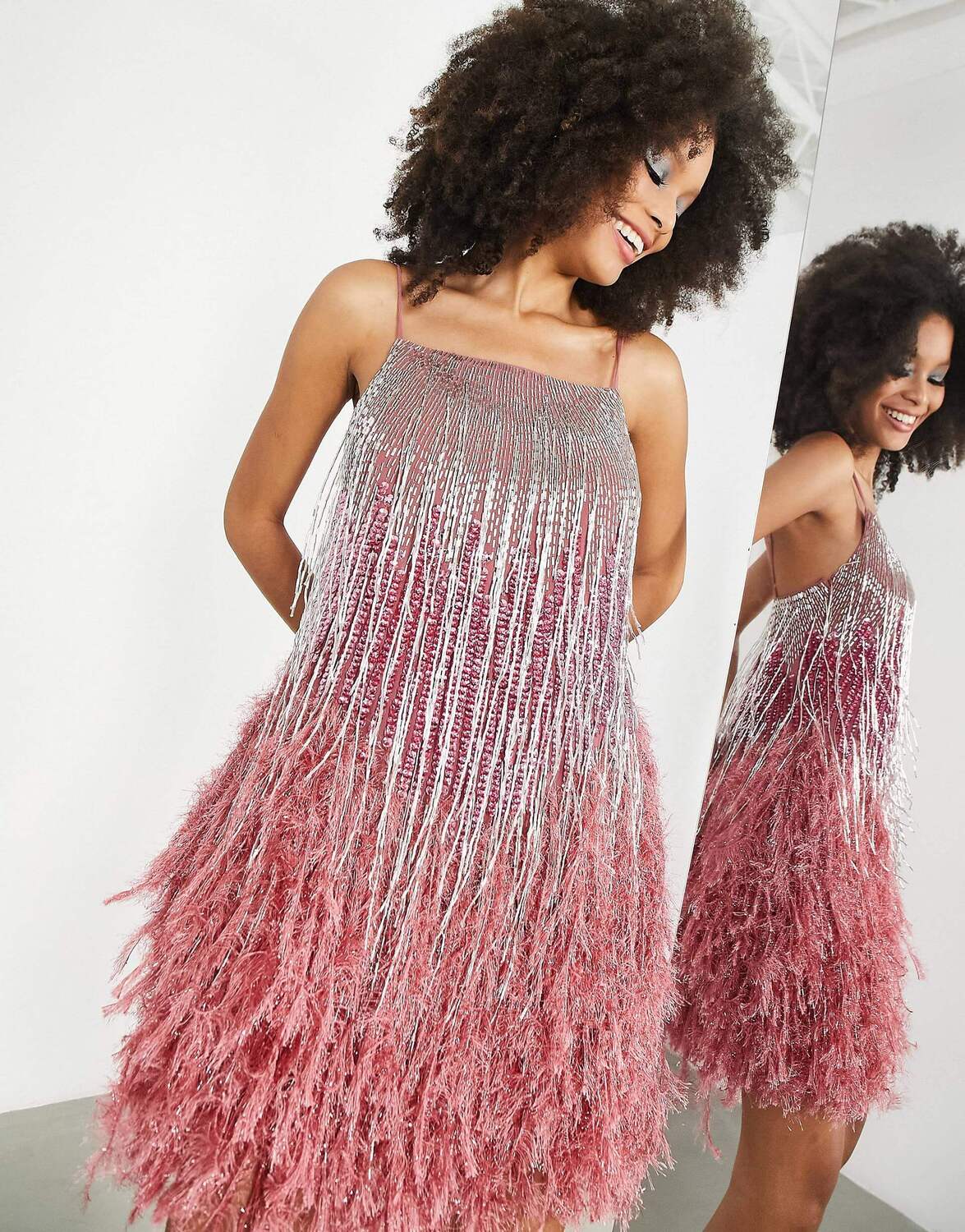 Платье мини Asos Edition Beaded Fringe Cami With Faux Feather Hem, розовый