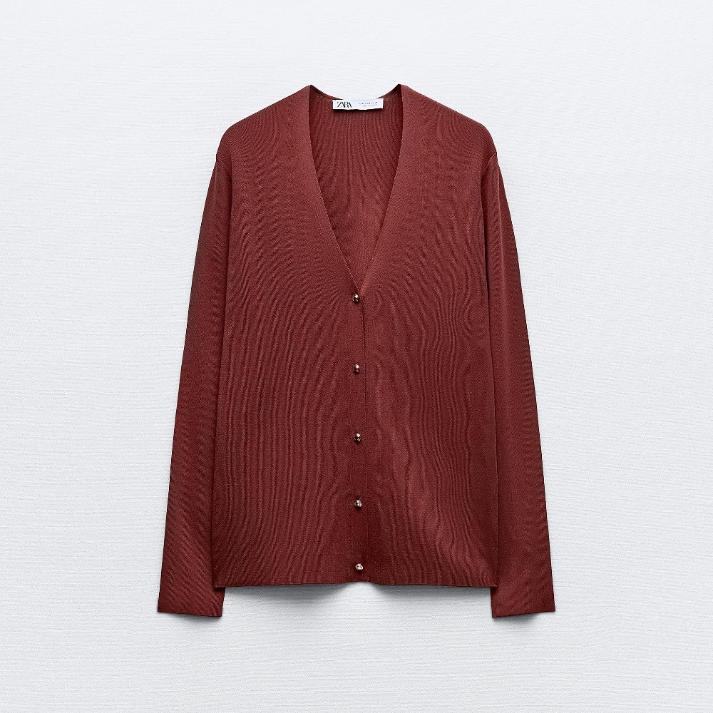 Кардиган Zara Plain Knit, красно-коричневый платье zara plain knit fitted midi зеленый