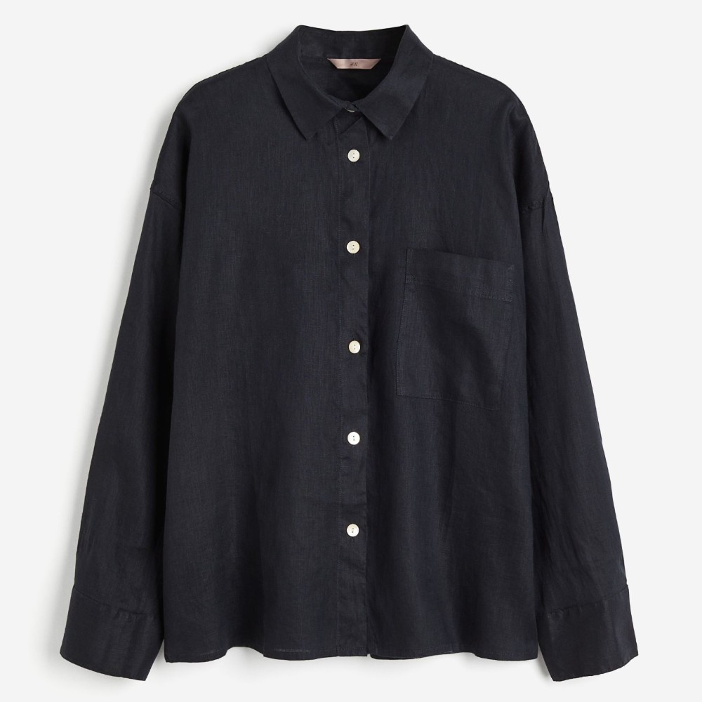 Рубашка H&M Oversized Linen, черный рубашка zara oversized linen розовый