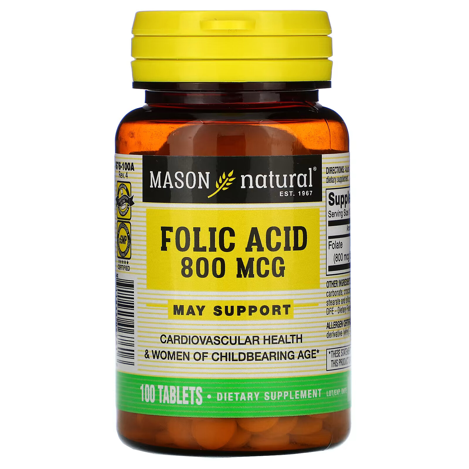 Фолиевая кислота Mason Natural, 800 мкг, 100 таблеток mason natural витамины к2 и d3 100 мкг 100 таблеток