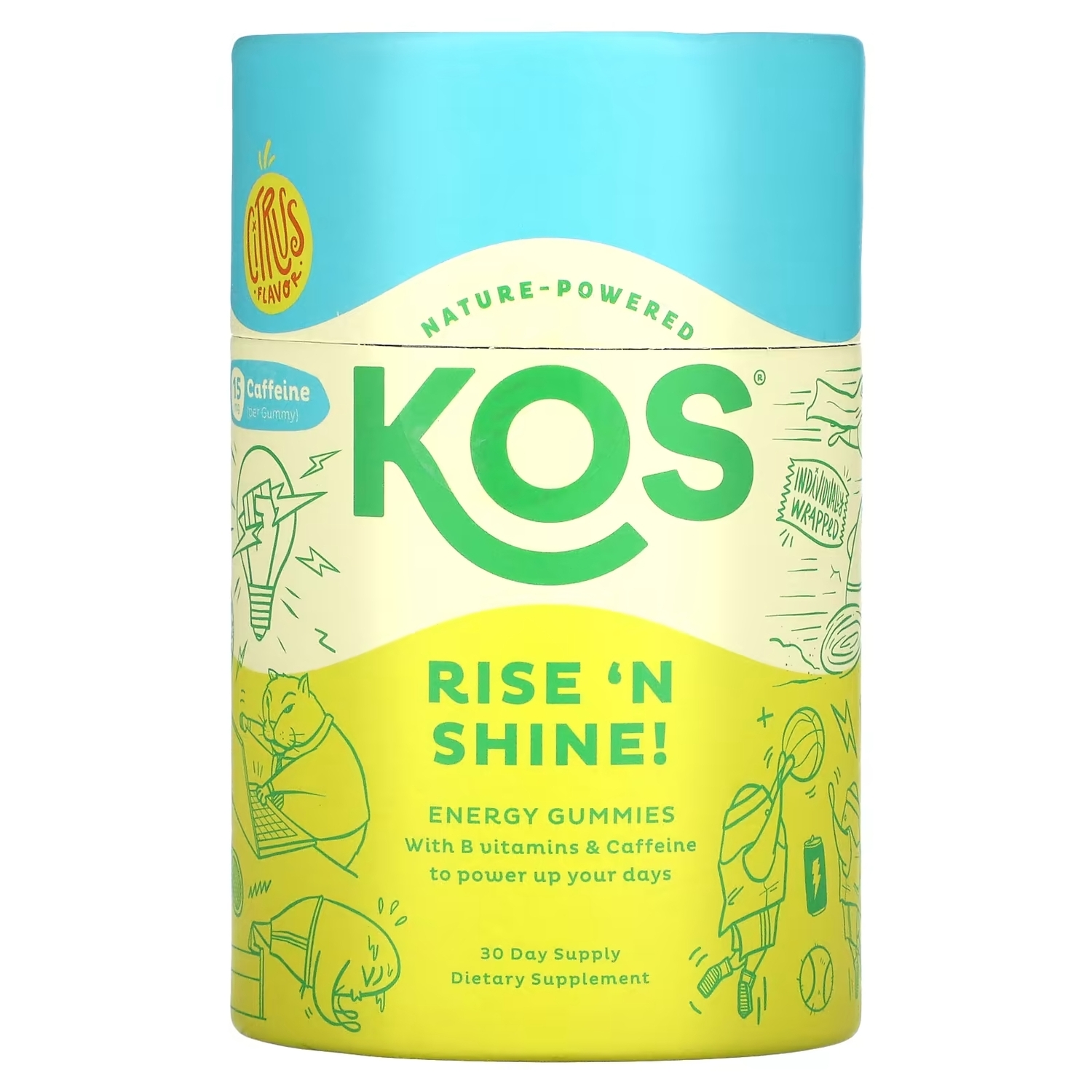 

Энергетические Жевательные Резинки KOS Rise 'N Shine, цитрус, 30 конфет