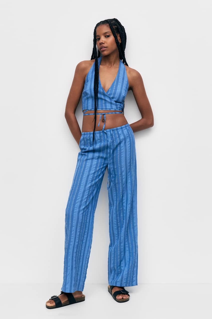 

Полосатые брюки прямого кроя Pull&Bear, синий