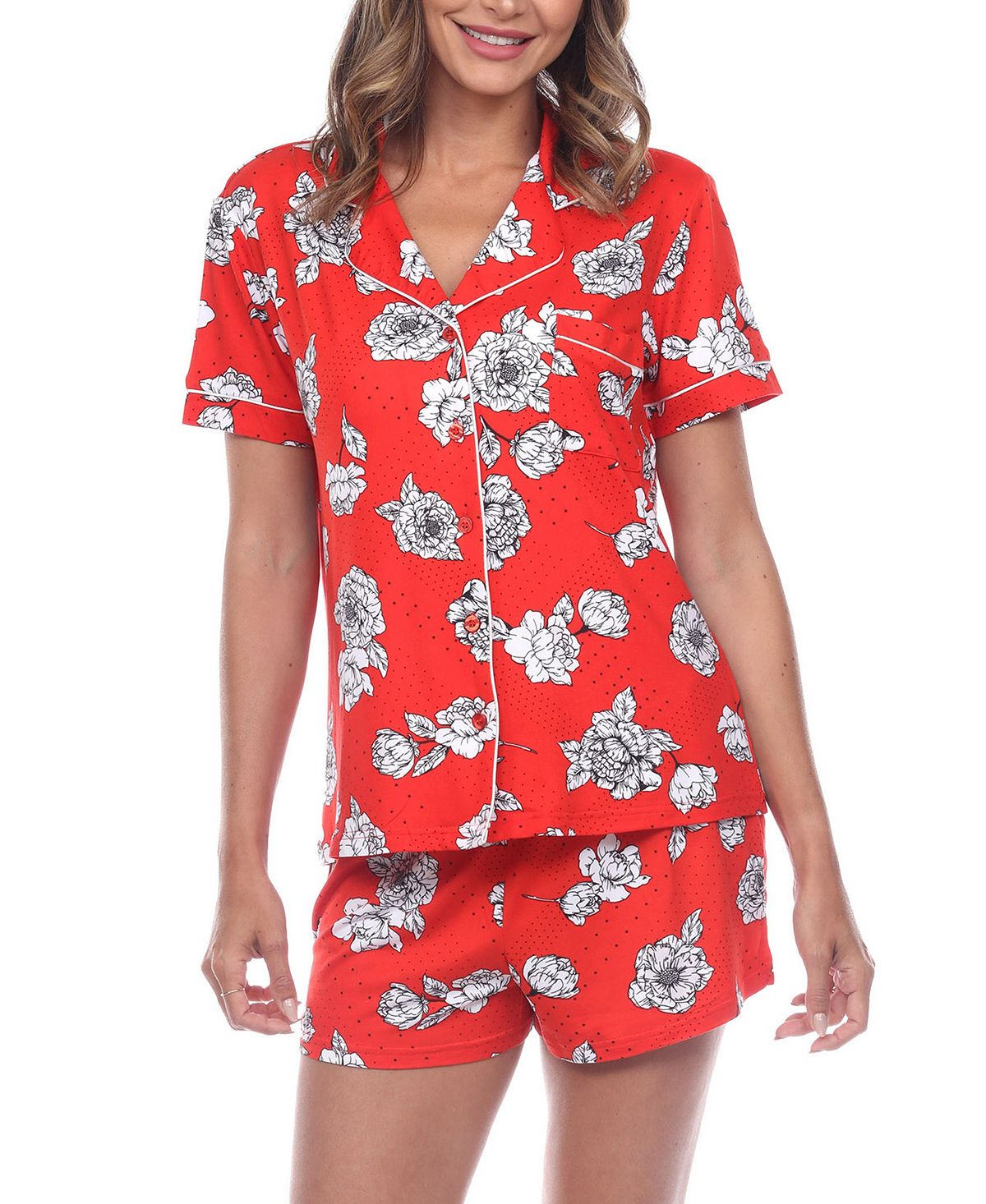 Женский пижамный комплект с короткими рукавами и цветочным принтом, 2 предмета White Mark, красный плюс размер брюки с короткими рукавами тропический пижамный комплект 2 предмета white mark