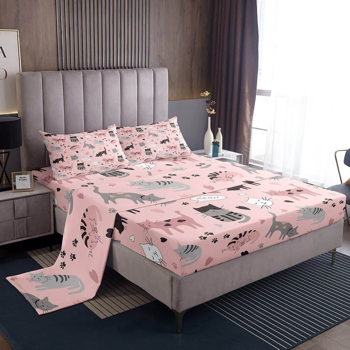 Комплект постельного белья для детей Erosebridal Cat Lover's, 4 предмета, розовый/серый/белый