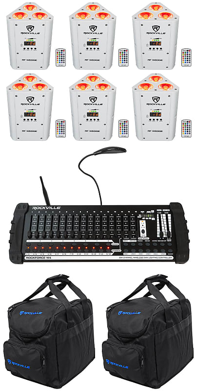 Комплект Rockville RF WEDGE WHITE RGBWA + UV Wireless DMX Lights + 384 Ch, Контроллер + Сумки RF WEDGE WHITE + Rockforce W4 + RLB25