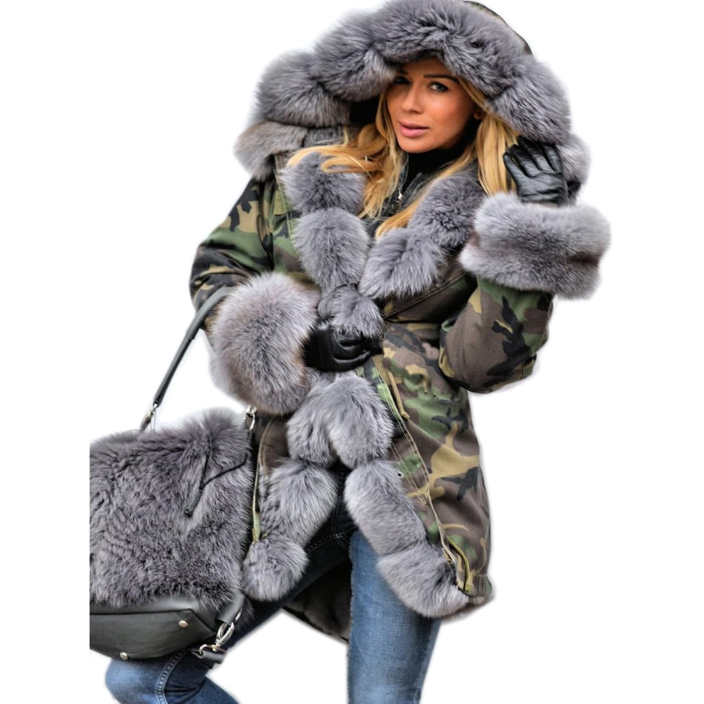 Парка Aofur Long Warm Winter Faux Fur Collar Qulited Women's, хаки/серый