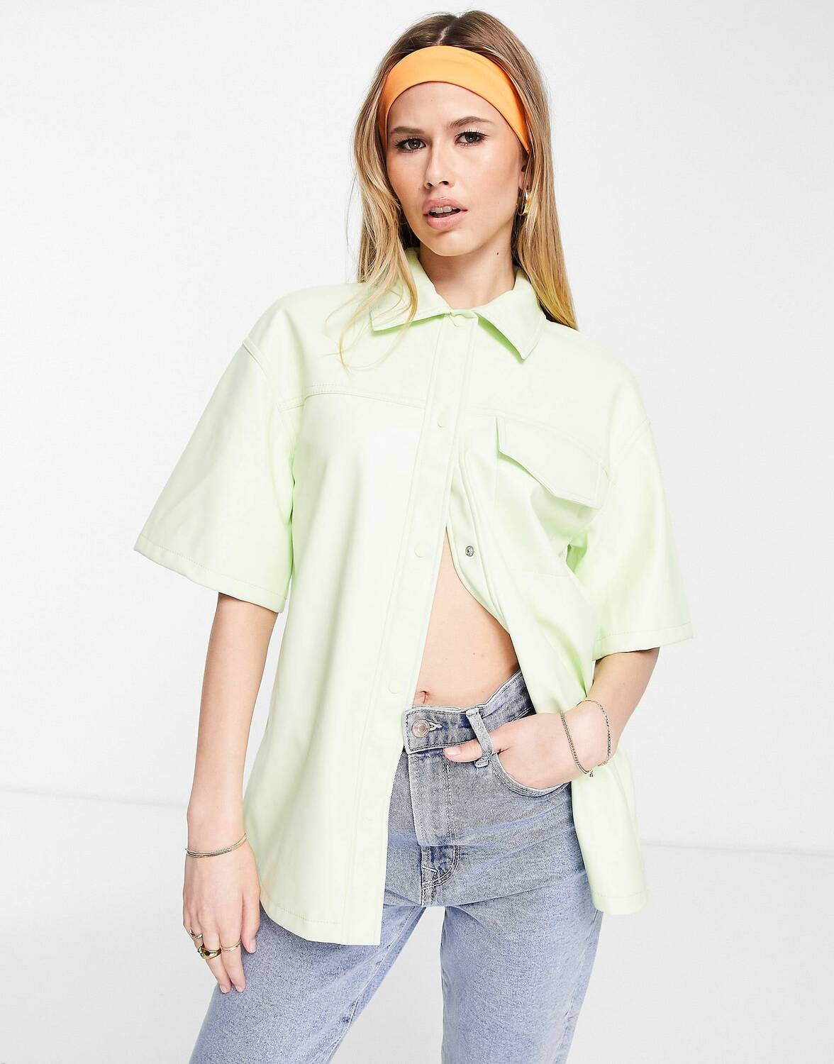 

Светло-зеленая рубашка с короткими рукавами из искусственной кожи Topshop