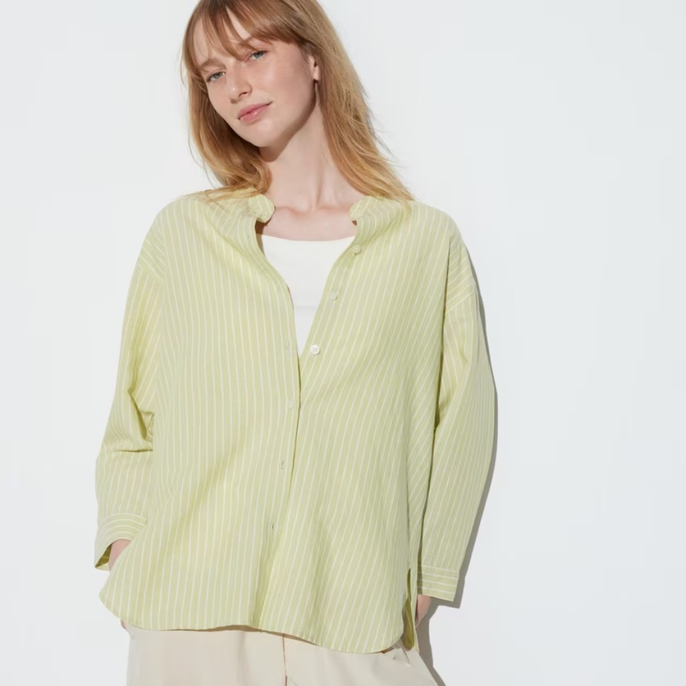 Рубашка Uniqlo linen, светло-зеленый рубашка из смесового льна