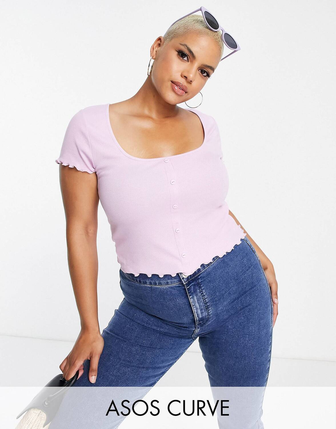 

Сиреневый топ в рубчик с укороченными пуговицами в стиле 90-х ASOS DESIGN Curve