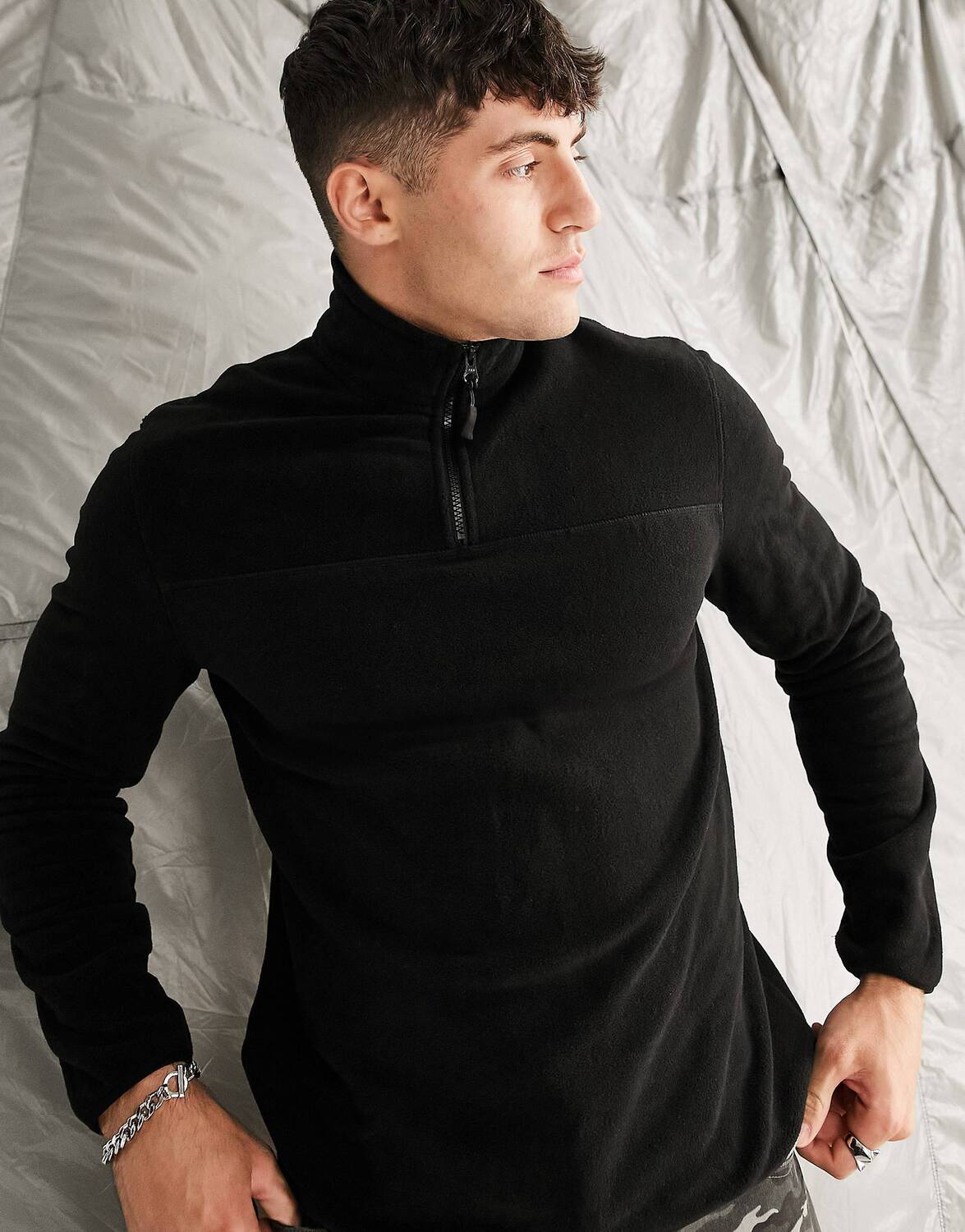 

Черная флисовая толстовка с молнией до половины ASOS DESIGN