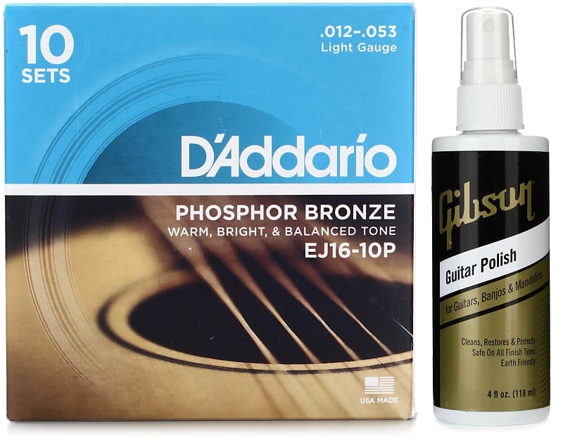 

D'Addario EJ16-10P Струны для акустической гитары из фосфористой бронзы - .012-.053 Light (10 шт.) Комплект с аксессуарами Gibson AIGG-910 Полироль для гитары - 4 унции. Бутылка