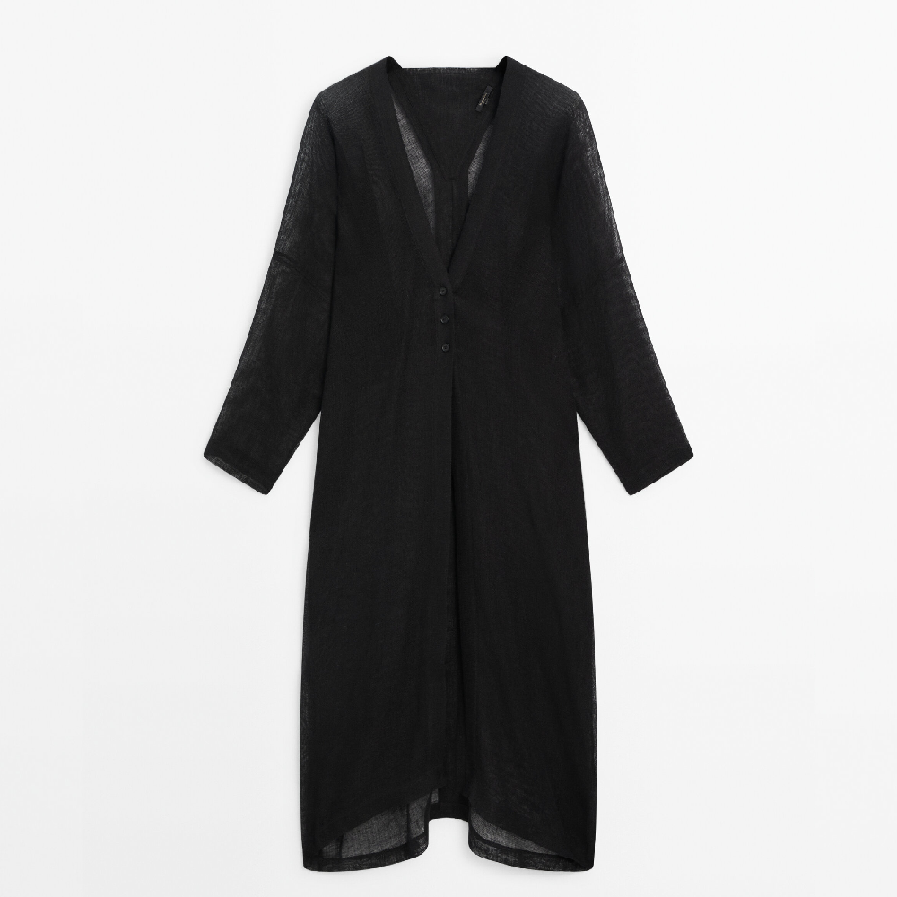 Блузка Massimo Dutti 100% Linen Maxi Oversize, черный новинка рубашка в китайском ретро стиле из хлопка и льна женская весенне летняя китайская блузка на пуговицах с v образным вырезом и принто