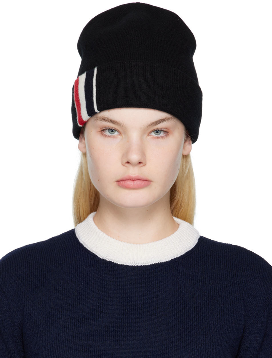 

Черная вязаная шапка из шерсти мериноса в полоску Thom Browne
