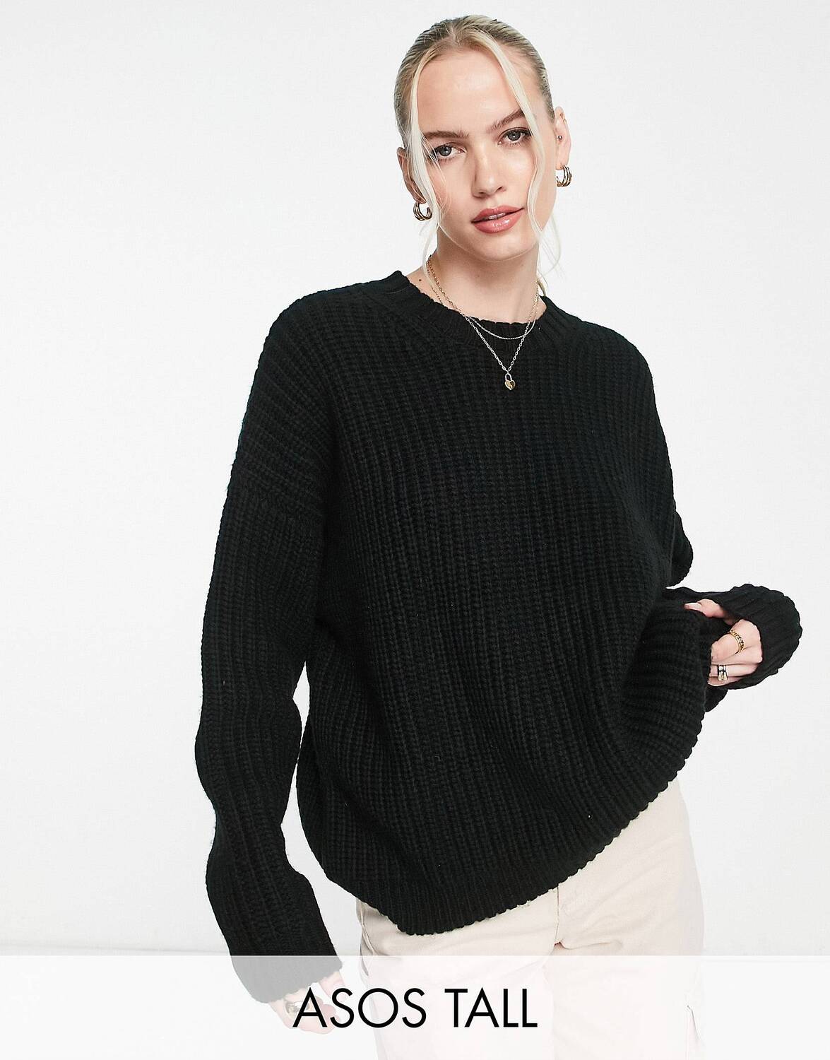 

Черный джемпер в рубчик с круглым вырезом ASOS DESIGN Tall