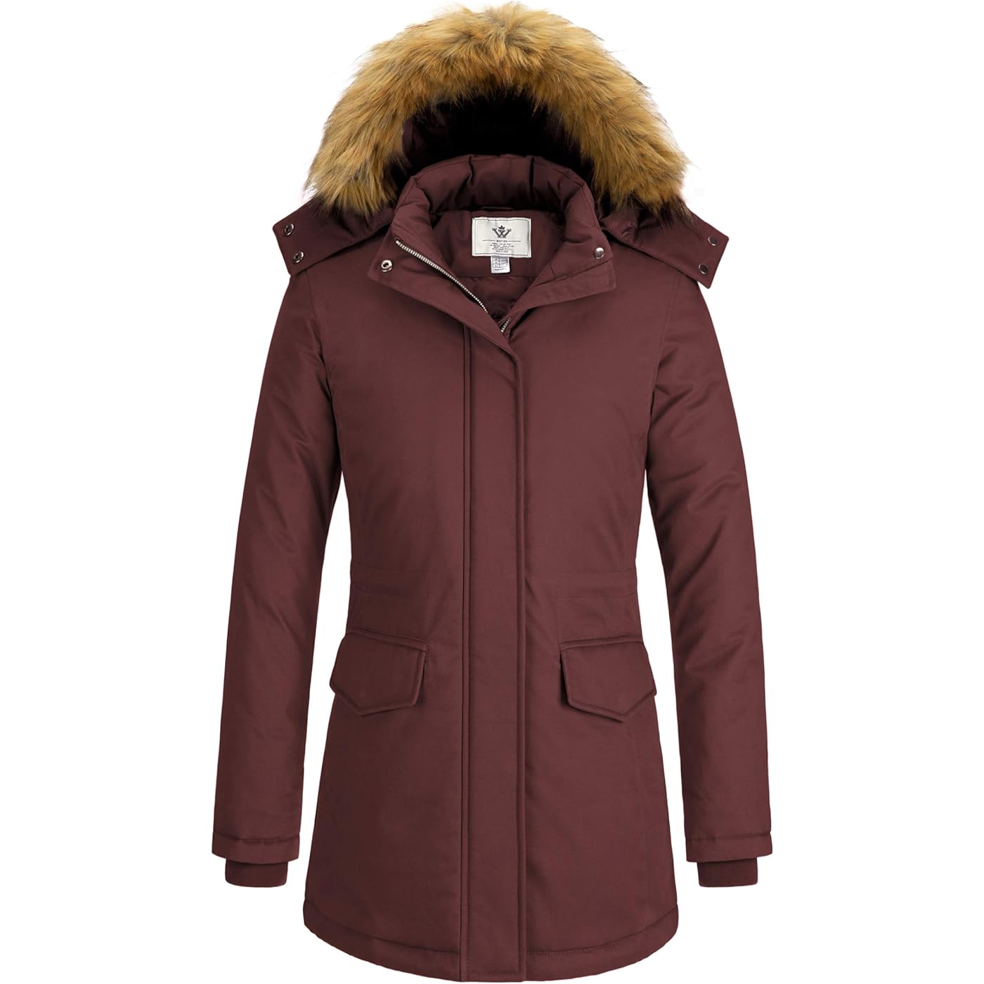Куртка WenVen Winter Thickened Warm Mid Length Windproof and Waterproof With a Detachable Fur Hat, бордовый женская кожаная куртка средней длины с меховым воротником