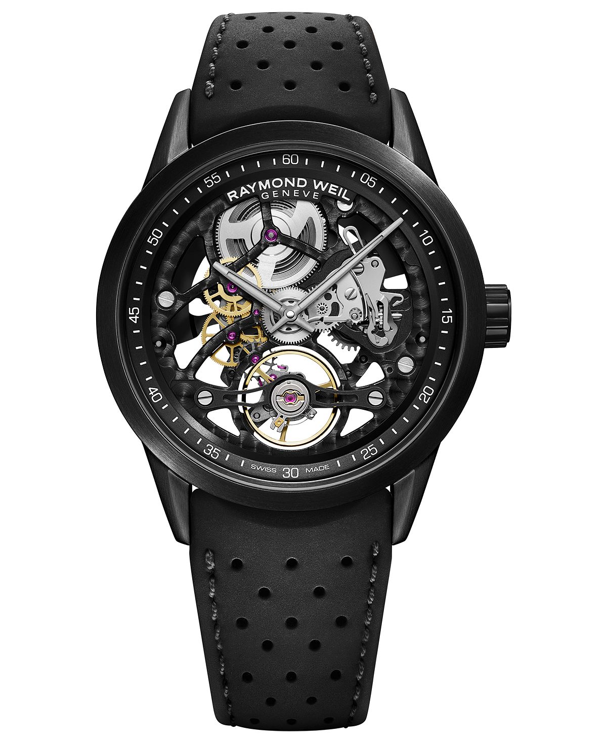 Мужские швейцарские автоматические часы Freelancer с черным перфорированным каучуковым ремешком, 42 мм Raymond Weil