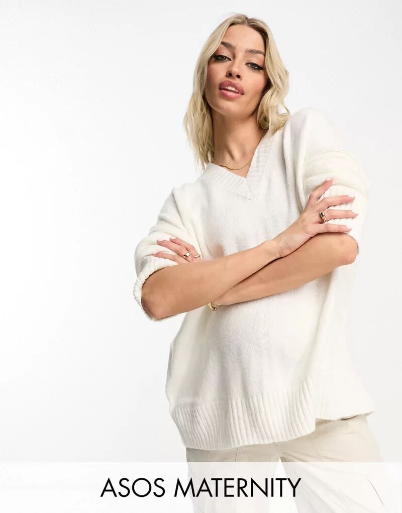

Кремовый джемпер объемной вязки с v-образным вырезом ASOS DESIGN Maternity