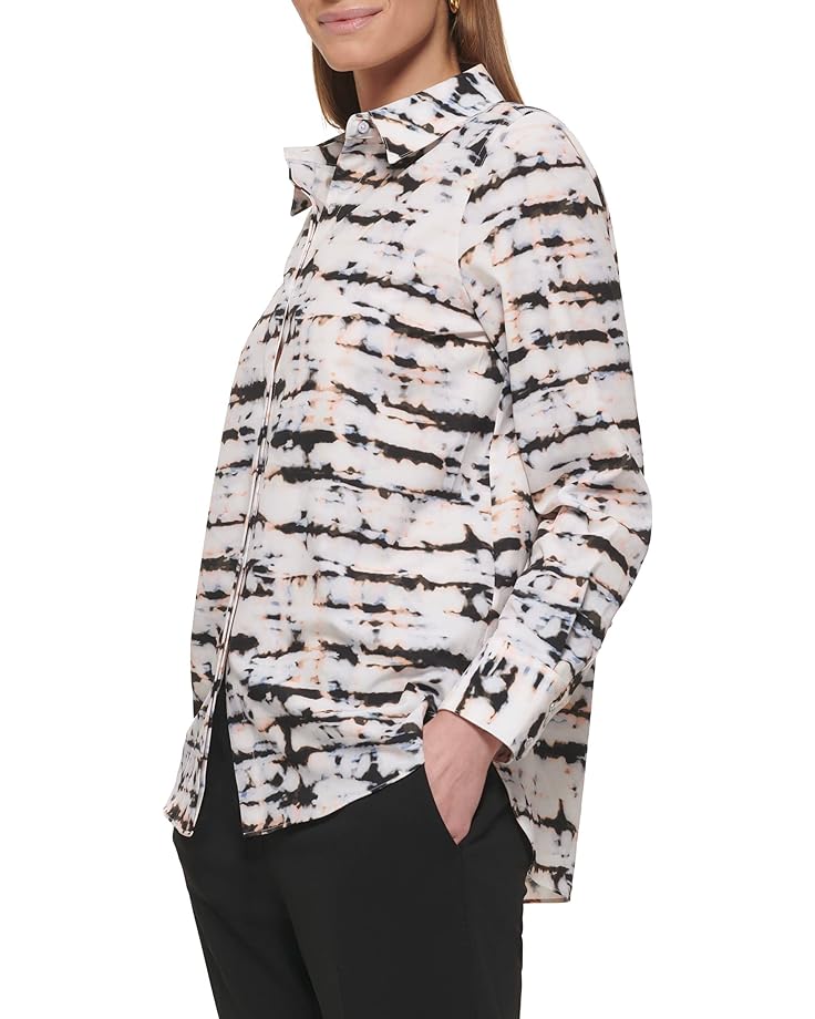 Блуза DKNY Long Sleeve Collard Button-Down Blouse, белый мульти silk shirt blouse women long sleeve turn down colloar button up satin shirt tops fashion blouse elegant imitation silk blouses