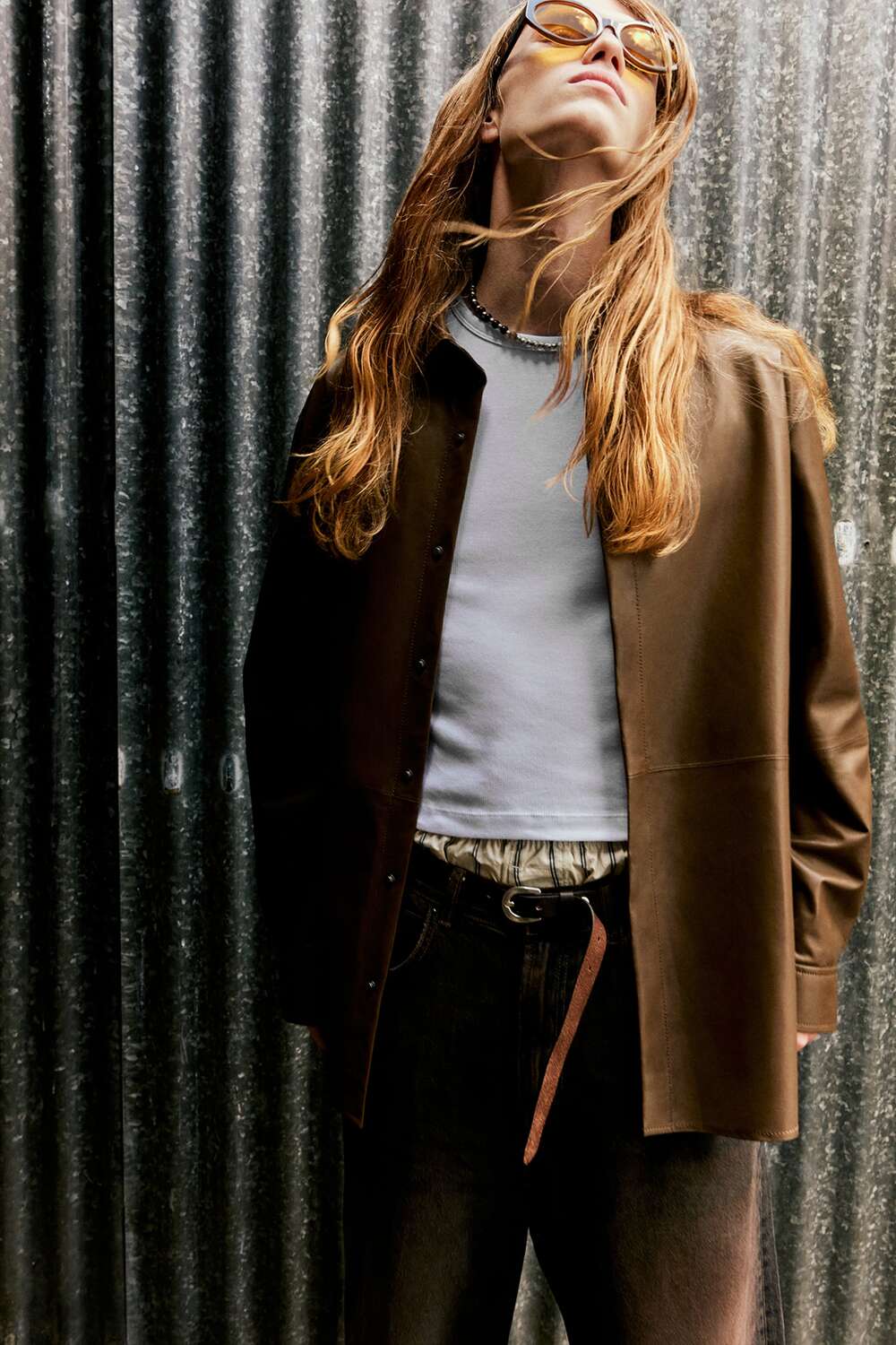 

Кожаная рубашка - ограниченная серия Zara, средний цвет хаки