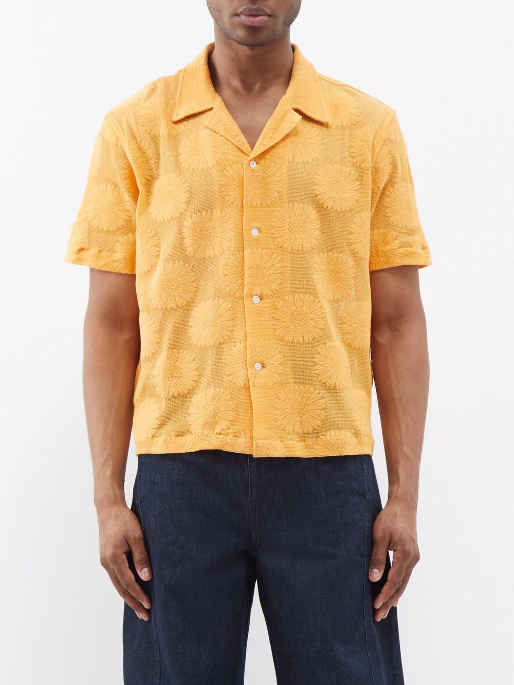 рубашка bode embroidered buttercup белый Рубашка из смесового хлопка с вышивкой подсолнухов Bode, оранжевый