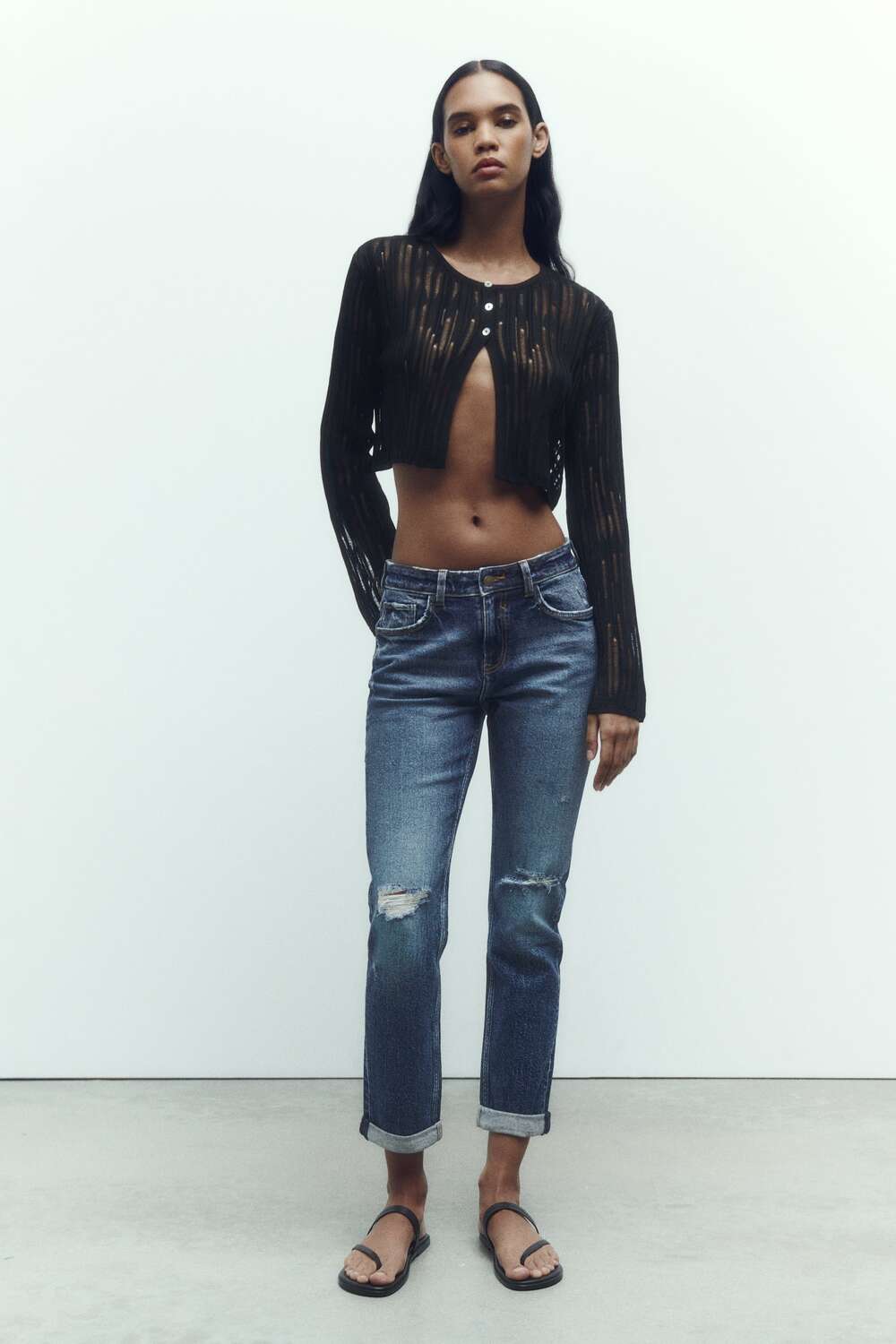 

Джинсы z1975, занятая талия, рваная поверхность и подвернутые шаги Zara, синий