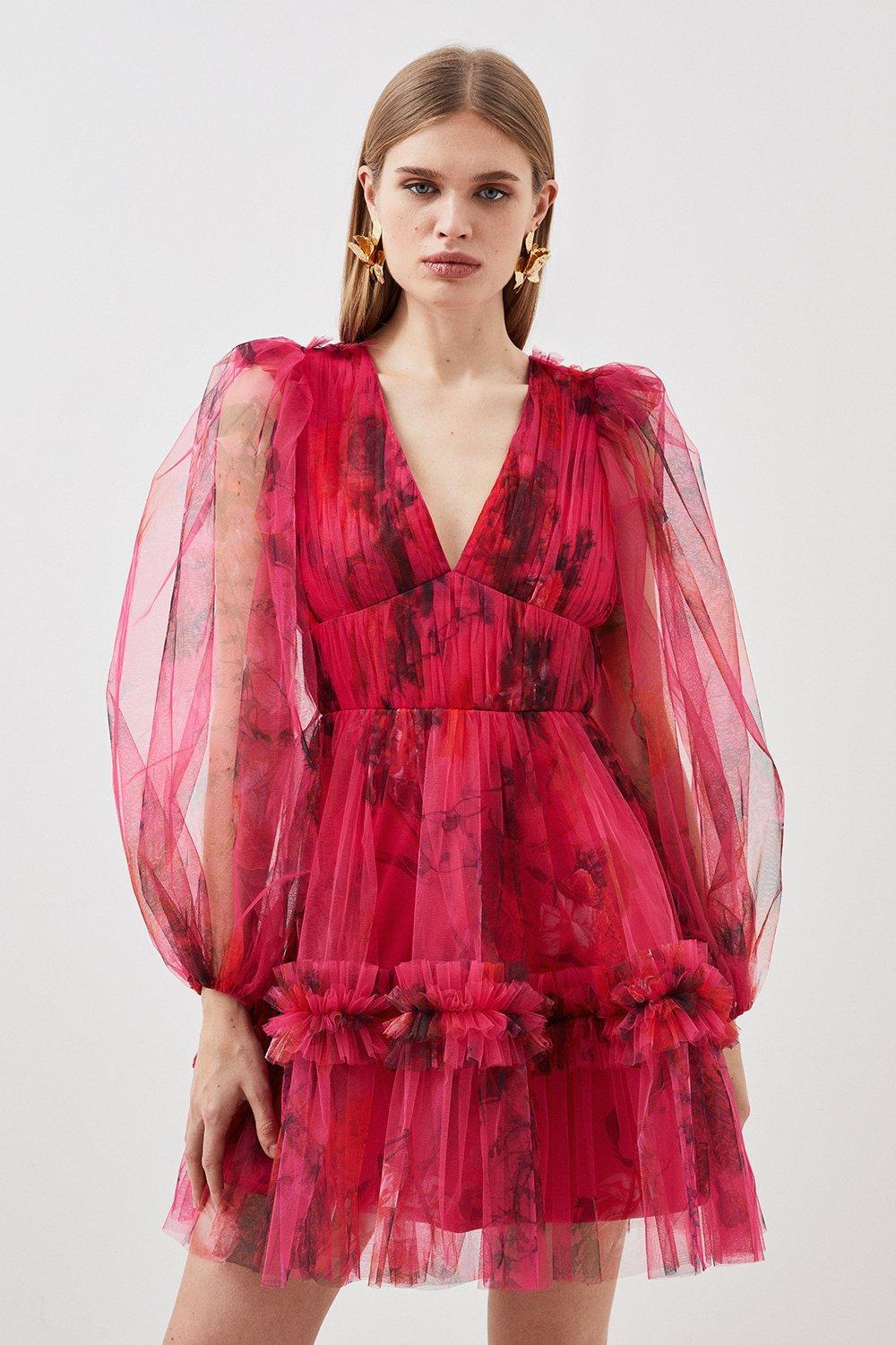 

Мини-платье из тюля с глубоким вырезом и цветочным принтом Petite Karen Millen, мультиколор