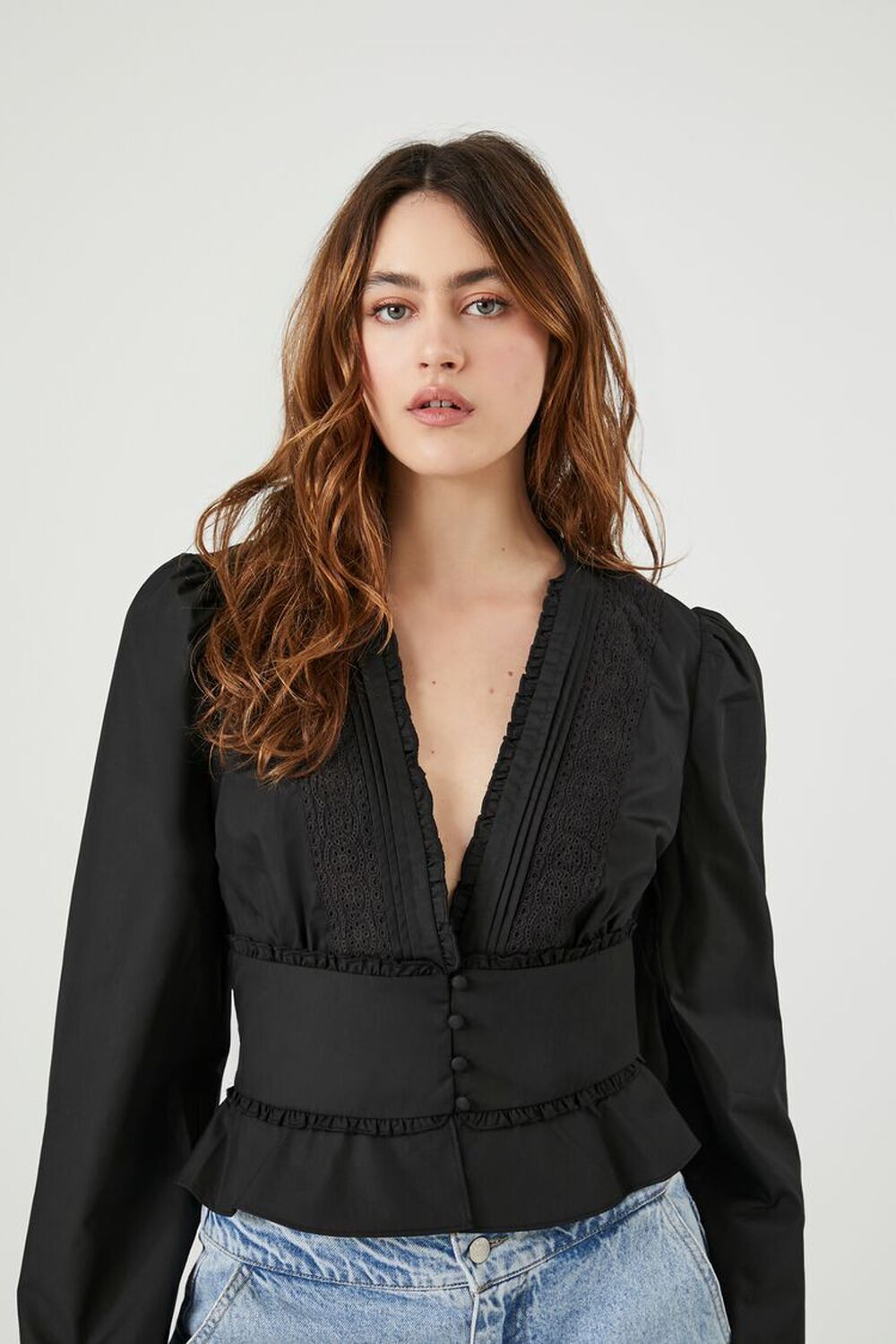 

Топ из поплина с оборками Forever 21, черный