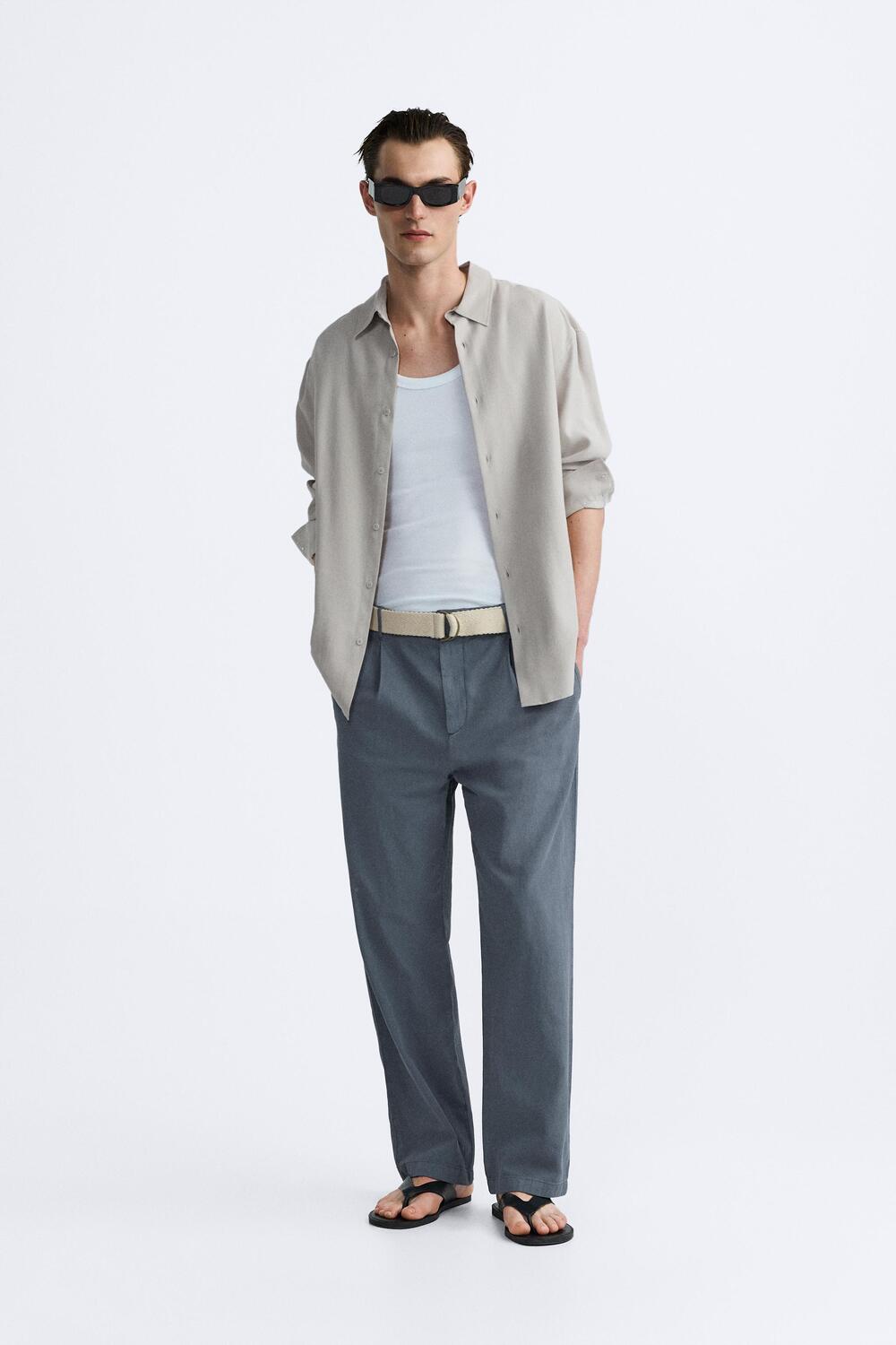

Брюки из хлопкового льна с поясом ZARA, светло-синий