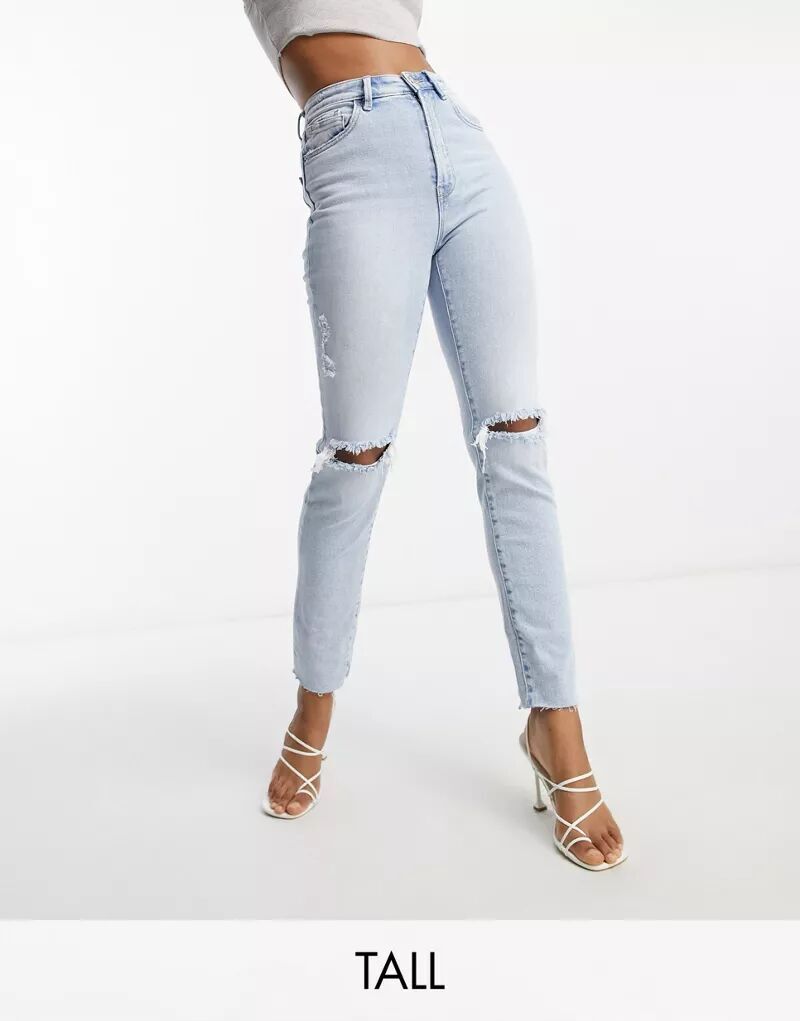 

Джинсы Stradivarius Tall Mom винтажного синего цвета с облегающим кроем, эластичными и декоративными разрывами