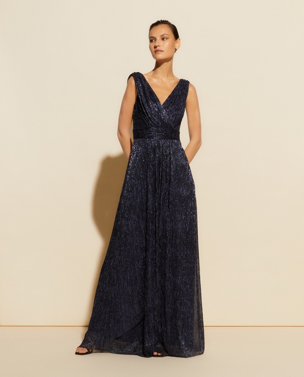 Длинное драпированное платье с люрексом El Corte Inglés, темно-синий женское длинное вечернее платье с v образным вырезом и рукавом до локтя