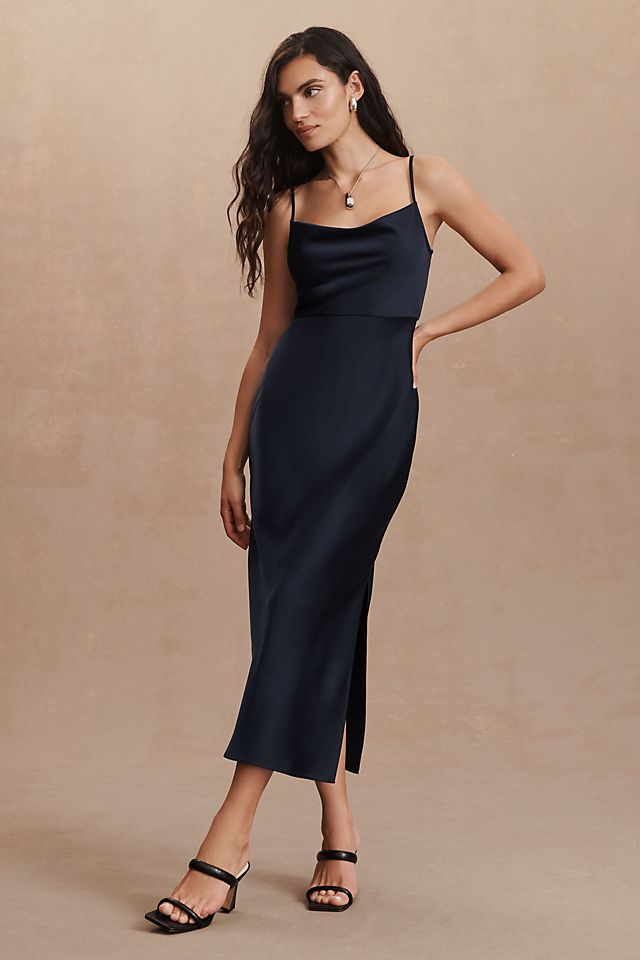 Платье-комбинация BHLDN Cali миди с воротником-хомутом, темно-синий цена и фото