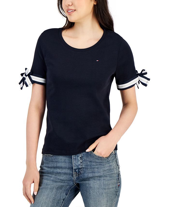 

Женский хлопковый топ в полоску с завязками на рукавах Tommy Hilfiger, синий