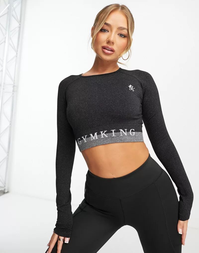 

Черный укороченный топ с длинными рукавами Gym King Seamless Results