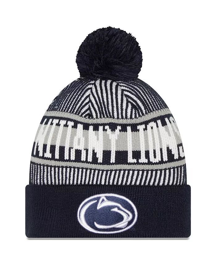 

Мужская темно-синяя вязаная шляпа с логотипом Penn State Nittany Lions в полоску и манжетами с помпоном New Era, синий