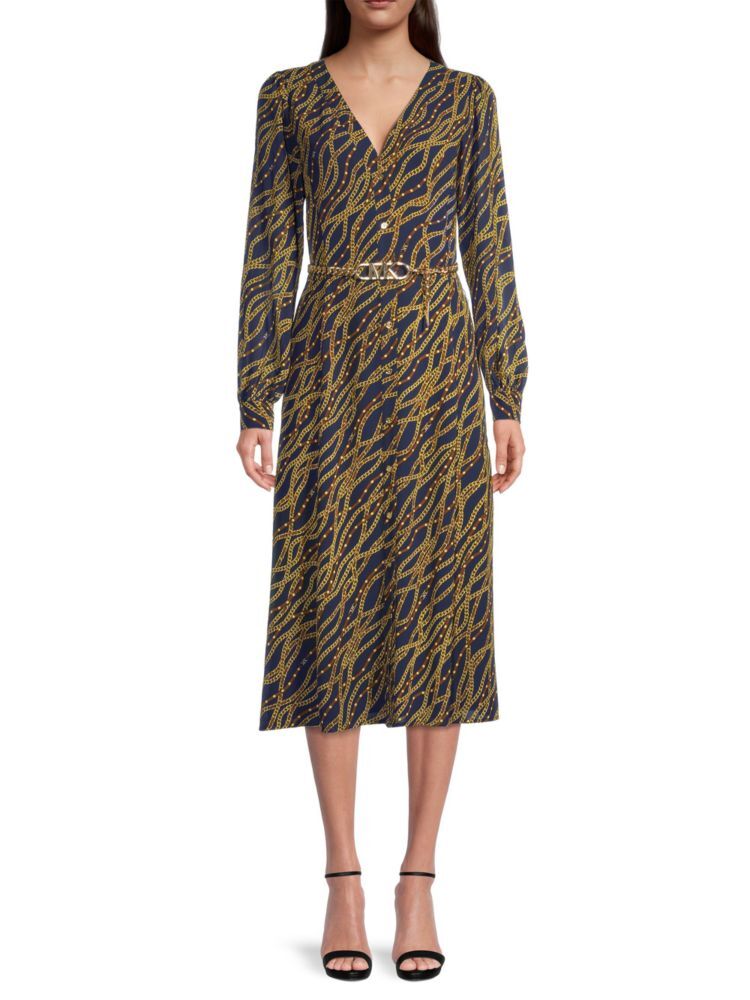 

Платье миди из жоржета с поясом и цепочкой Michael Kors, цвет Midnight Blue Multi