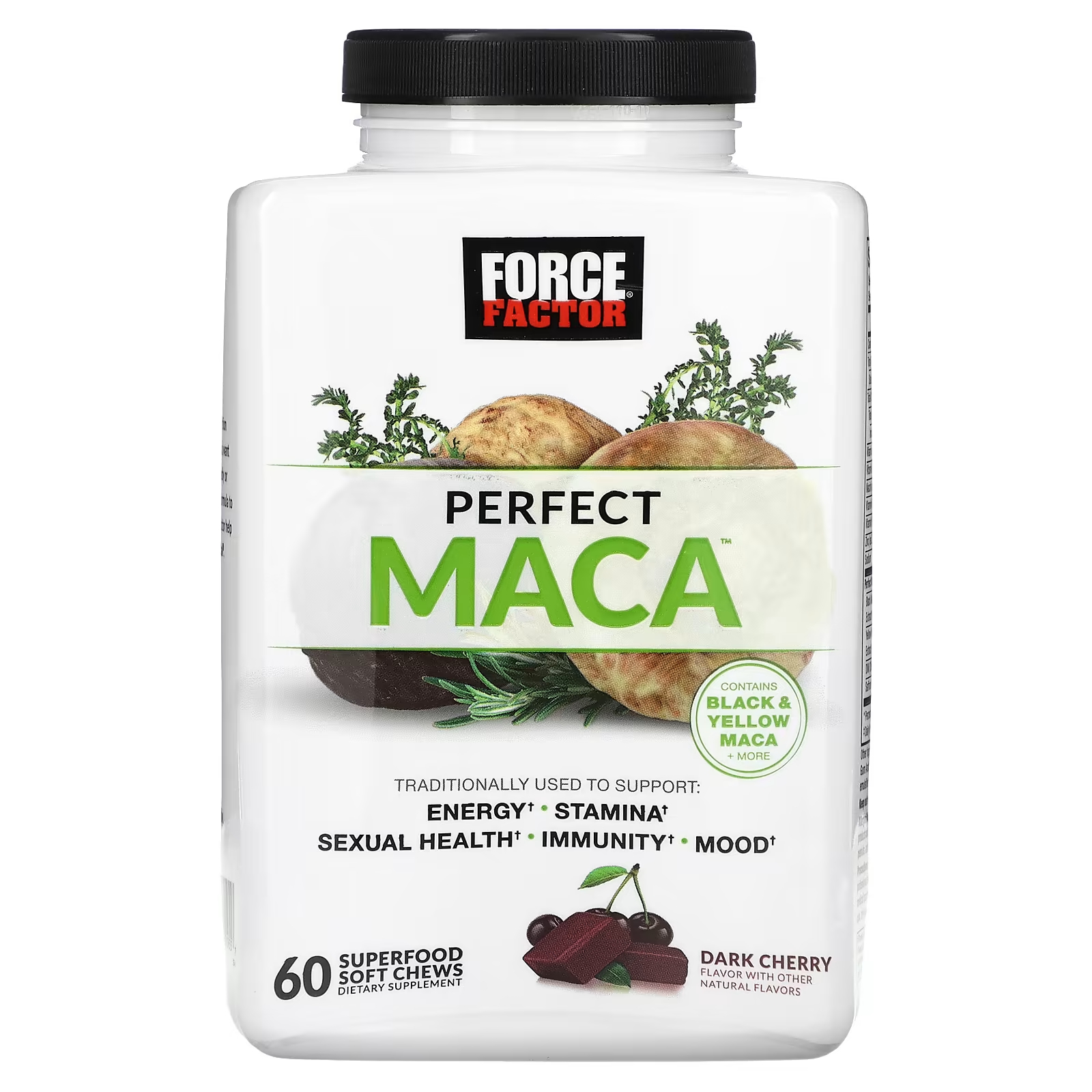 Пищевая добавка Force Factor Perfect Maca, темная вишня, 60 мягких жевательных таблеток пищевая добавка force factor smarter greens летние ягоды 60 жевательных таблеток