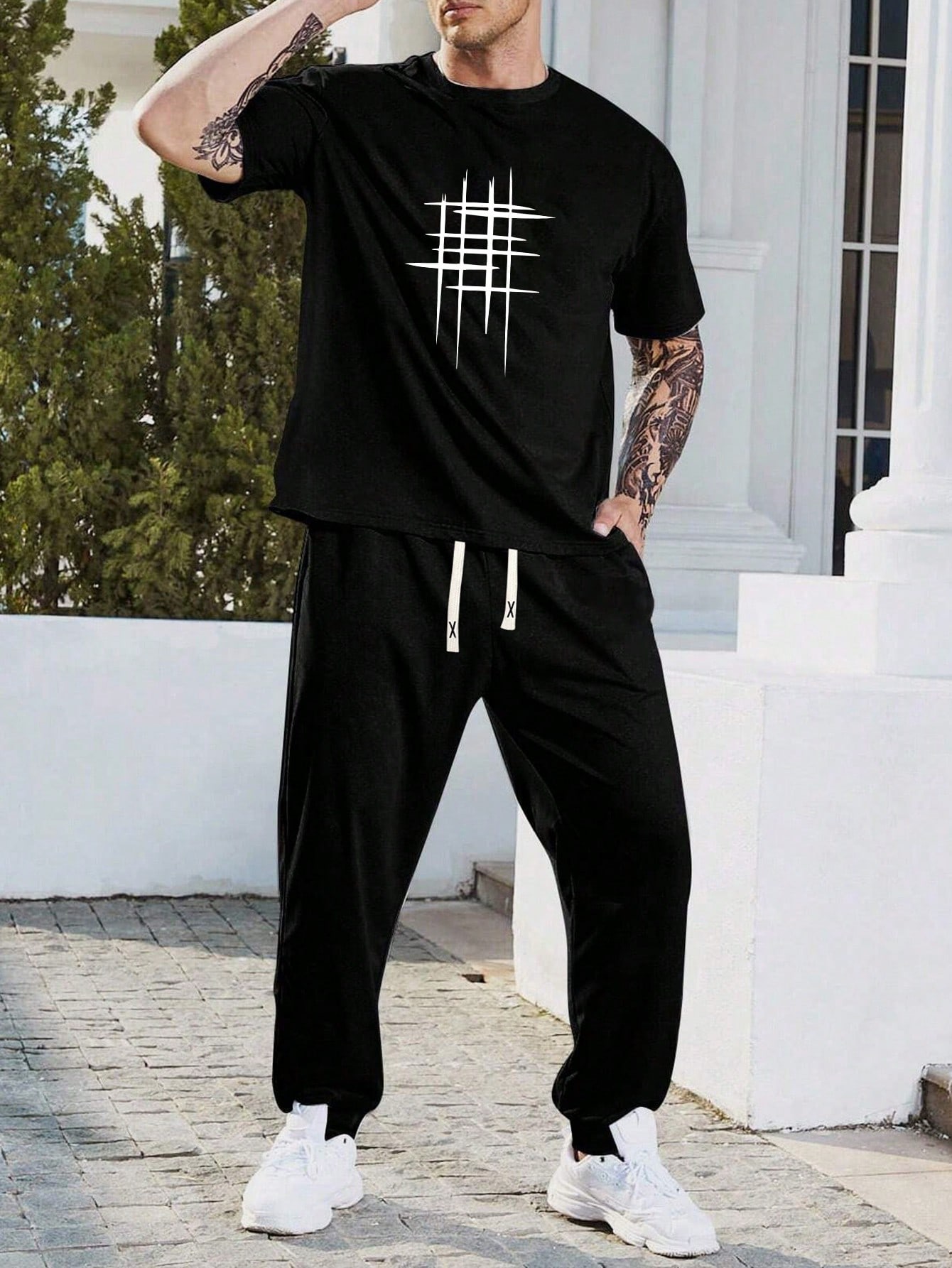 Мужская футболка стандартного кроя с короткими рукавами и брюки с геометрическим принтом, черный