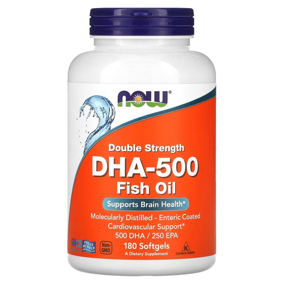 Рыбий жир NOW Foods DHA-500 двойной силы, 180 мягких капсул наттокиназа 1500 системная ферментная добавка 120 таблеток с кишечнорастворимой оболочкой